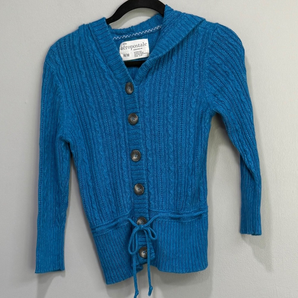 y2Aeropostale Womens Blue Cable Knit Hooded Button Front Cardigan Sweater Medium